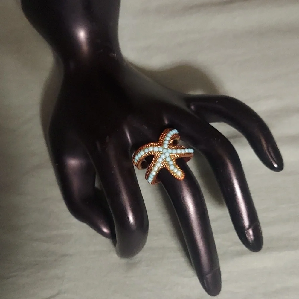 Turquoise Blue Brass Ocean Starfish Open End Ring